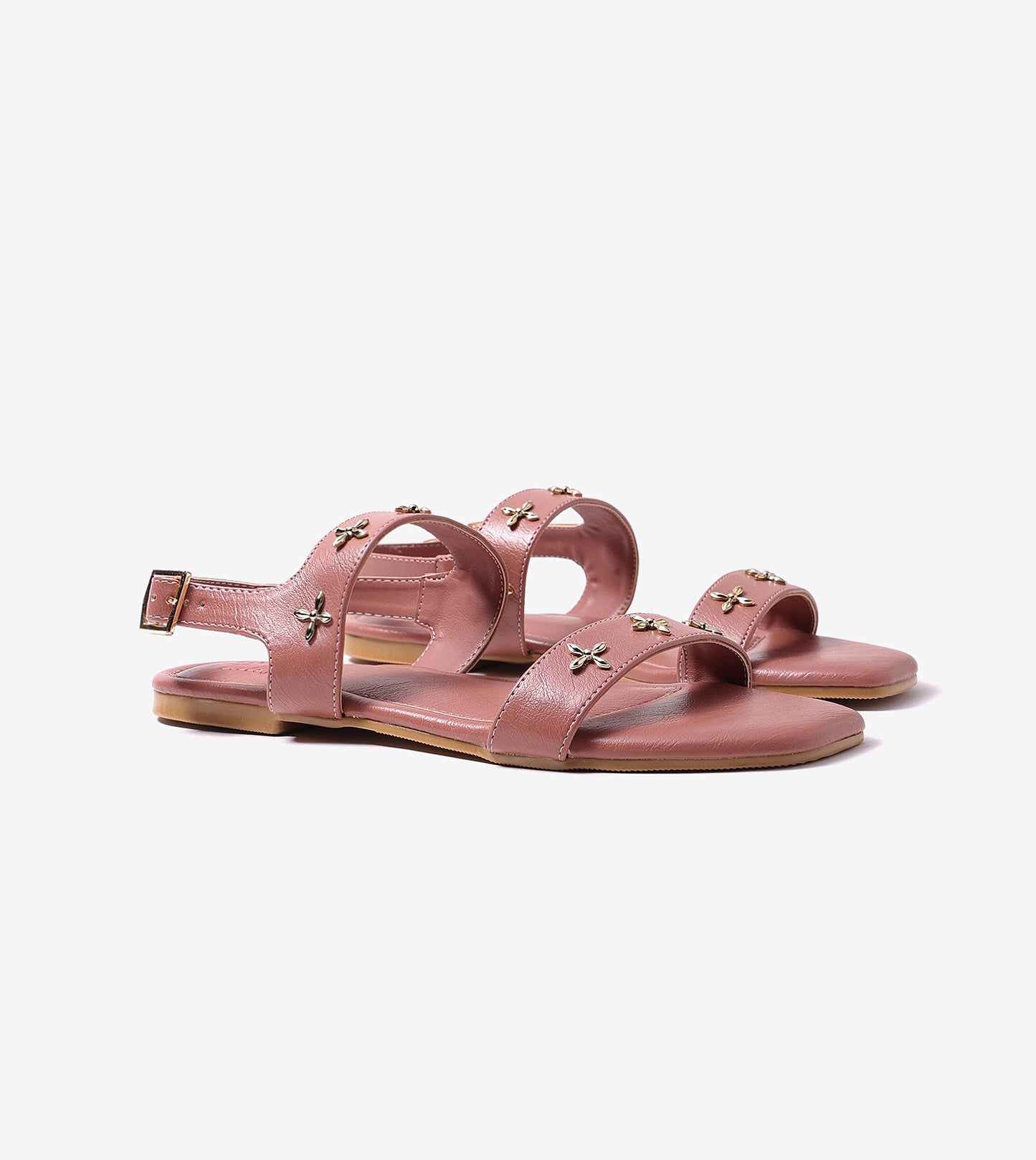 Double Strap Sandals With Metal Adornment - Tan