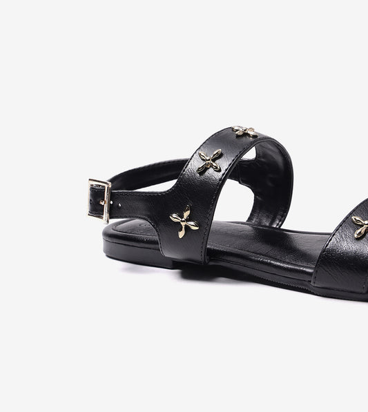 Double Strap Sandals With Metal Adornment - Black