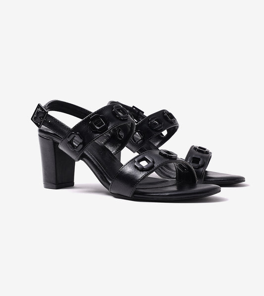 Block-Heel Sandals With Metal Appliques - Black