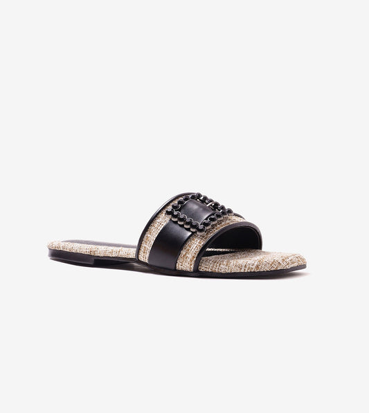 Embellished Buckle Slip-On Flats - Beige