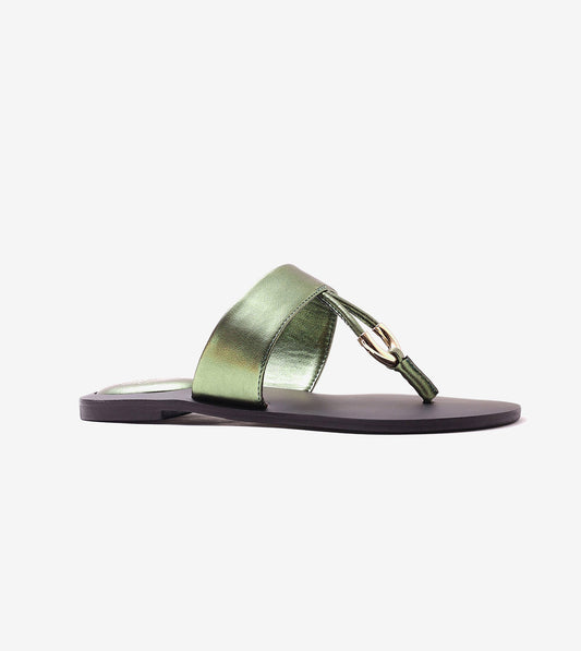 Color Block T-strap Flats - Metallic Green