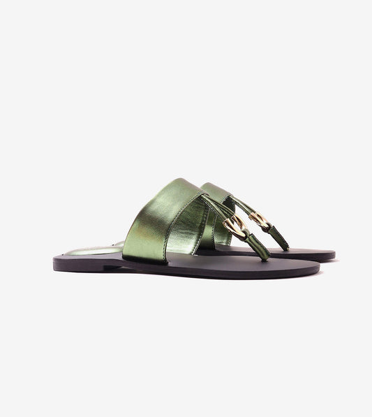 Color Block T-strap Flats - Metallic Green