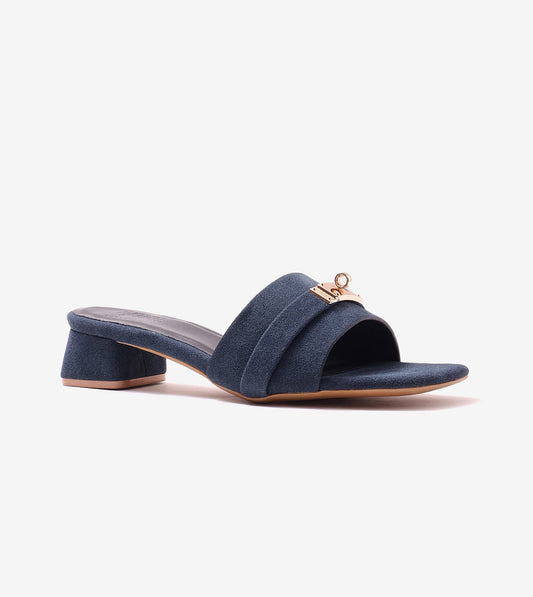 Classic Mules Block Heels - Navy Blue