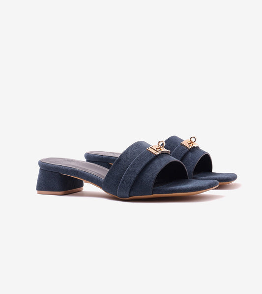 Classic Mules Block Heels - Navy Blue