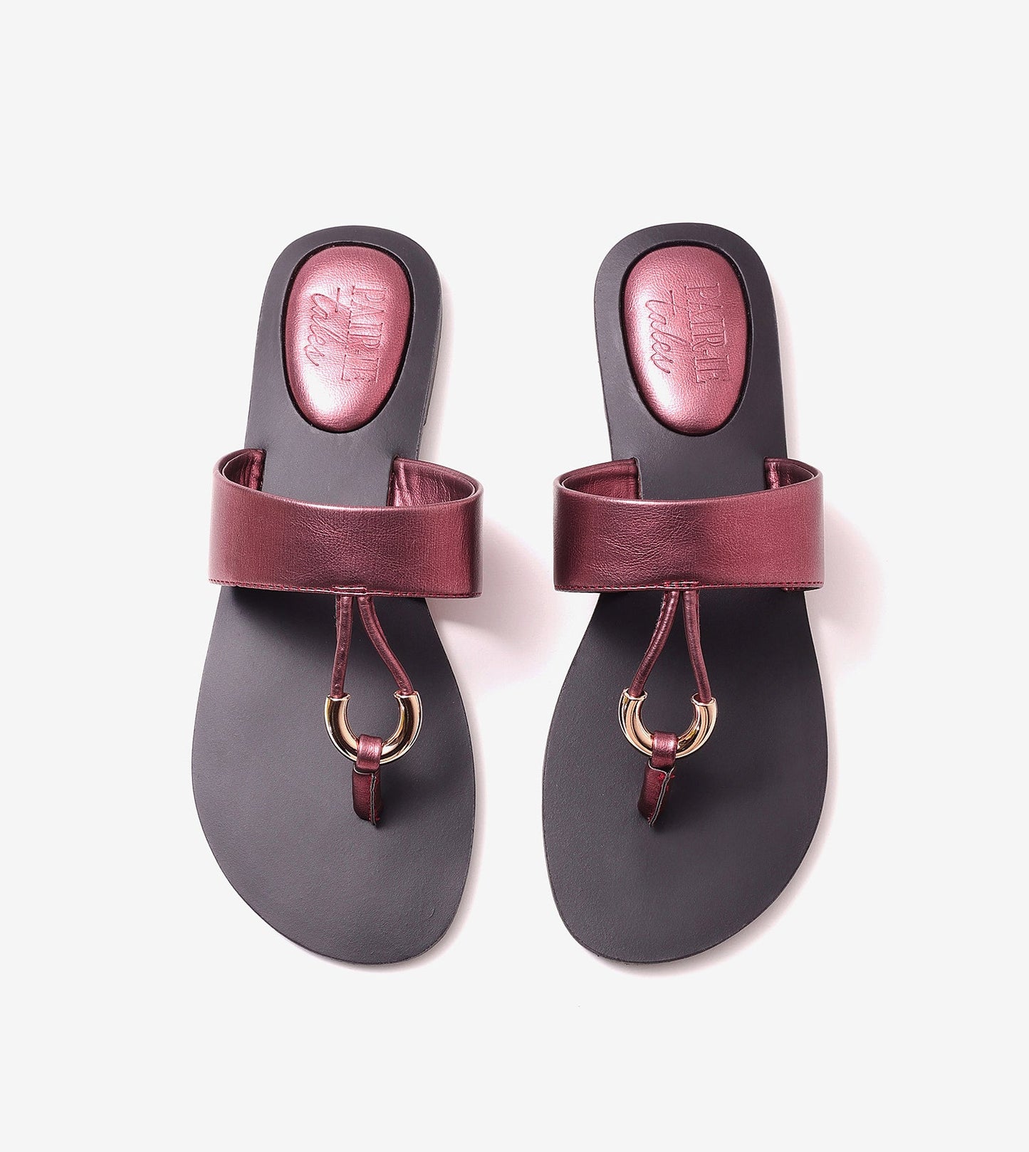 Color Block T-strap Flats - Metallic Maroon