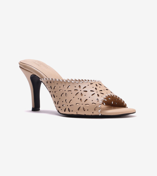 Laser Cutwork Stiletto Mules - Cream