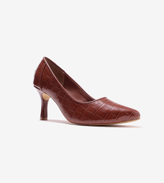 Patent Croc-Effect Print Pointed Toe Pumps - Brown