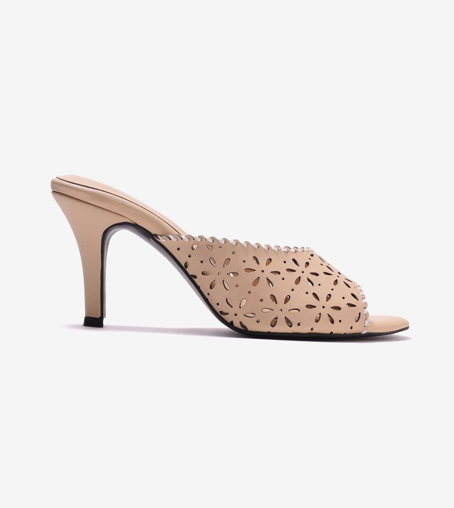 Laser Cutwork Stiletto Mules - Cream