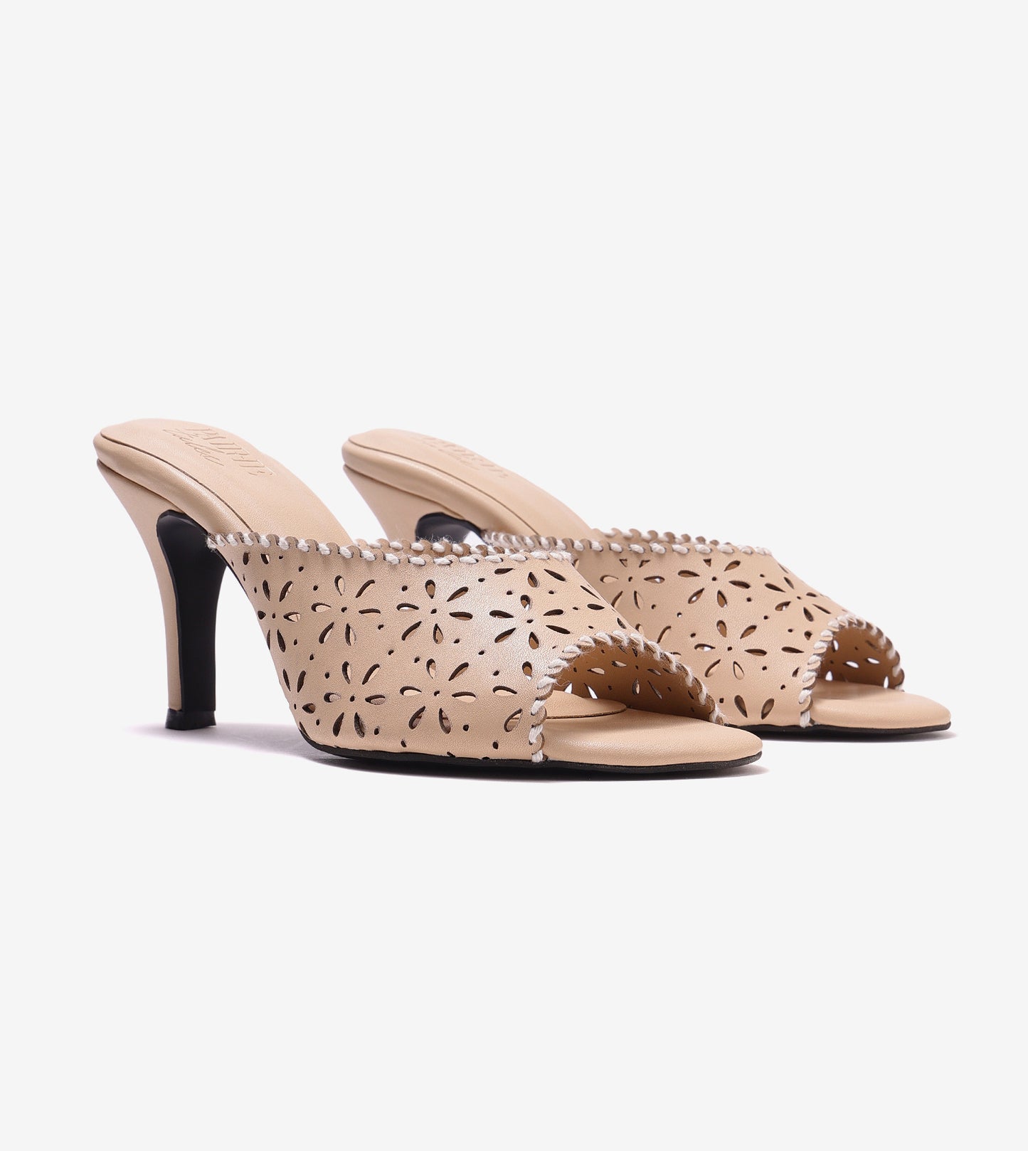 Laser Cutwork Stiletto Mules - Cream