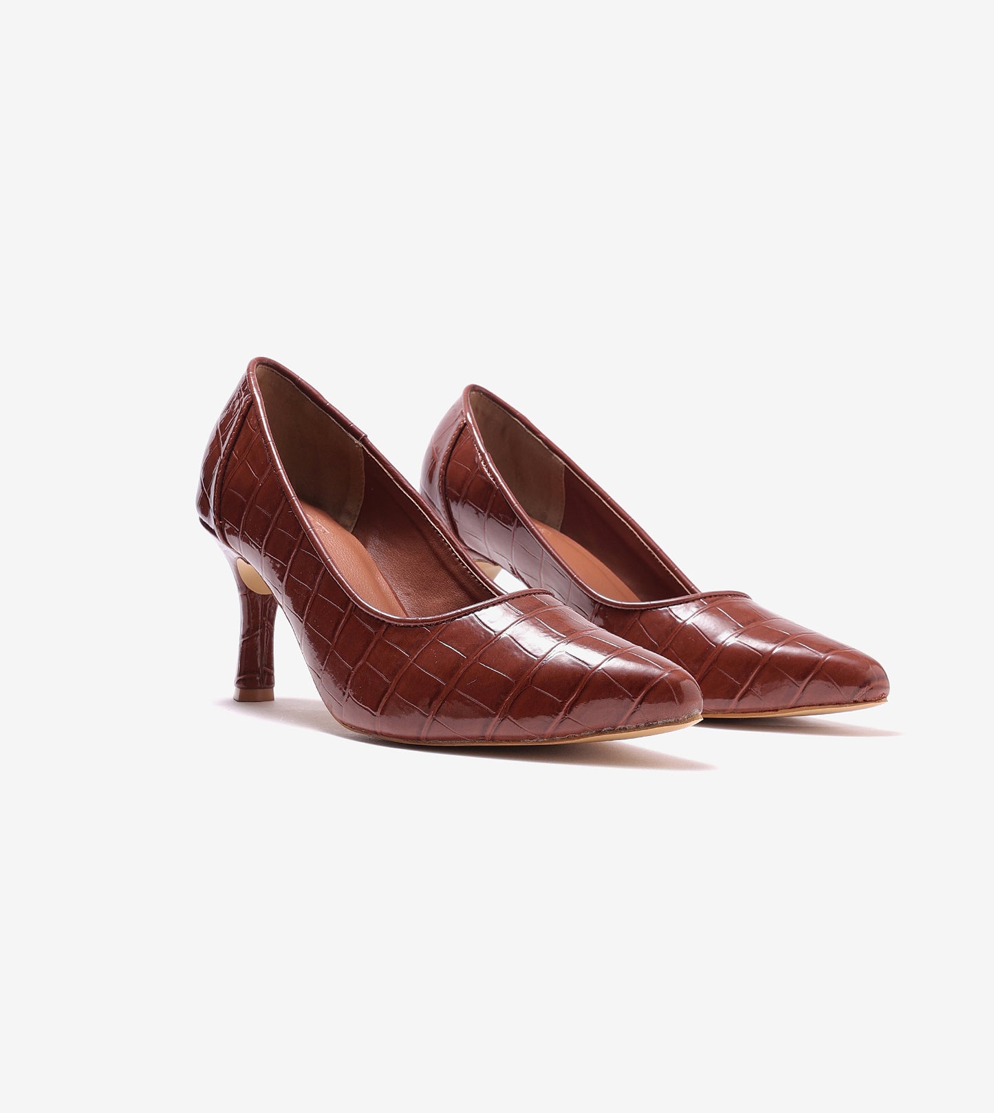 Patent Croc-Effect Print Pointed Toe Pumps - Brown