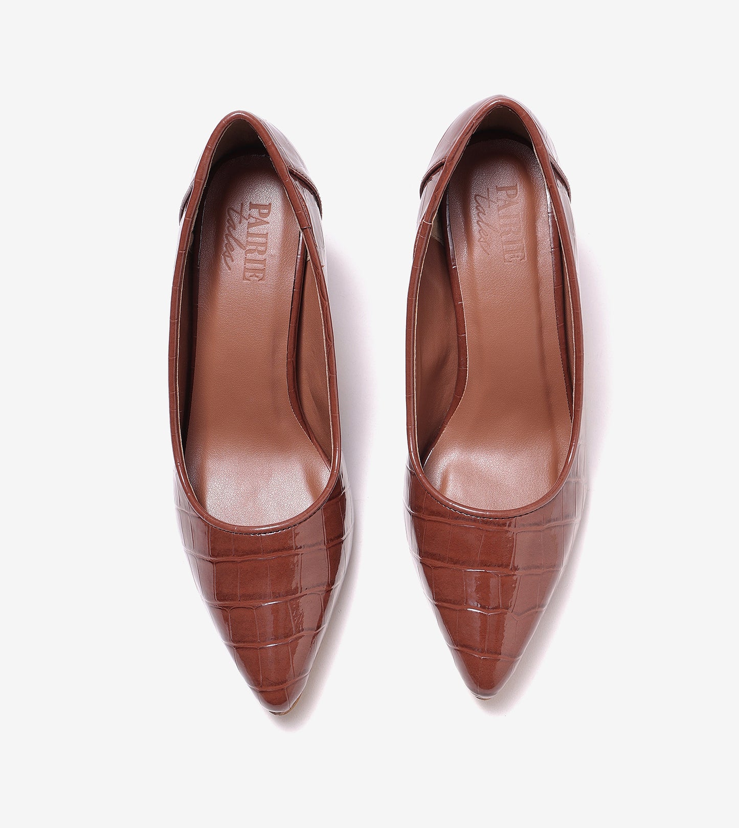 Patent Croc-Effect Print Pointed Toe Pumps - Brown