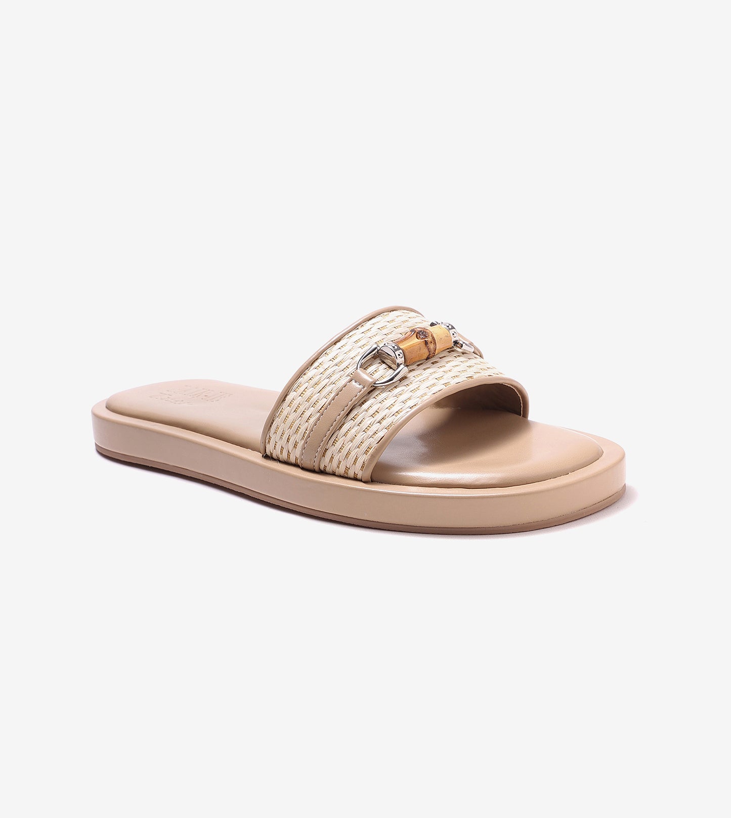 Raffia Slide Flat Sandals With Bamboo Adornment - Beige