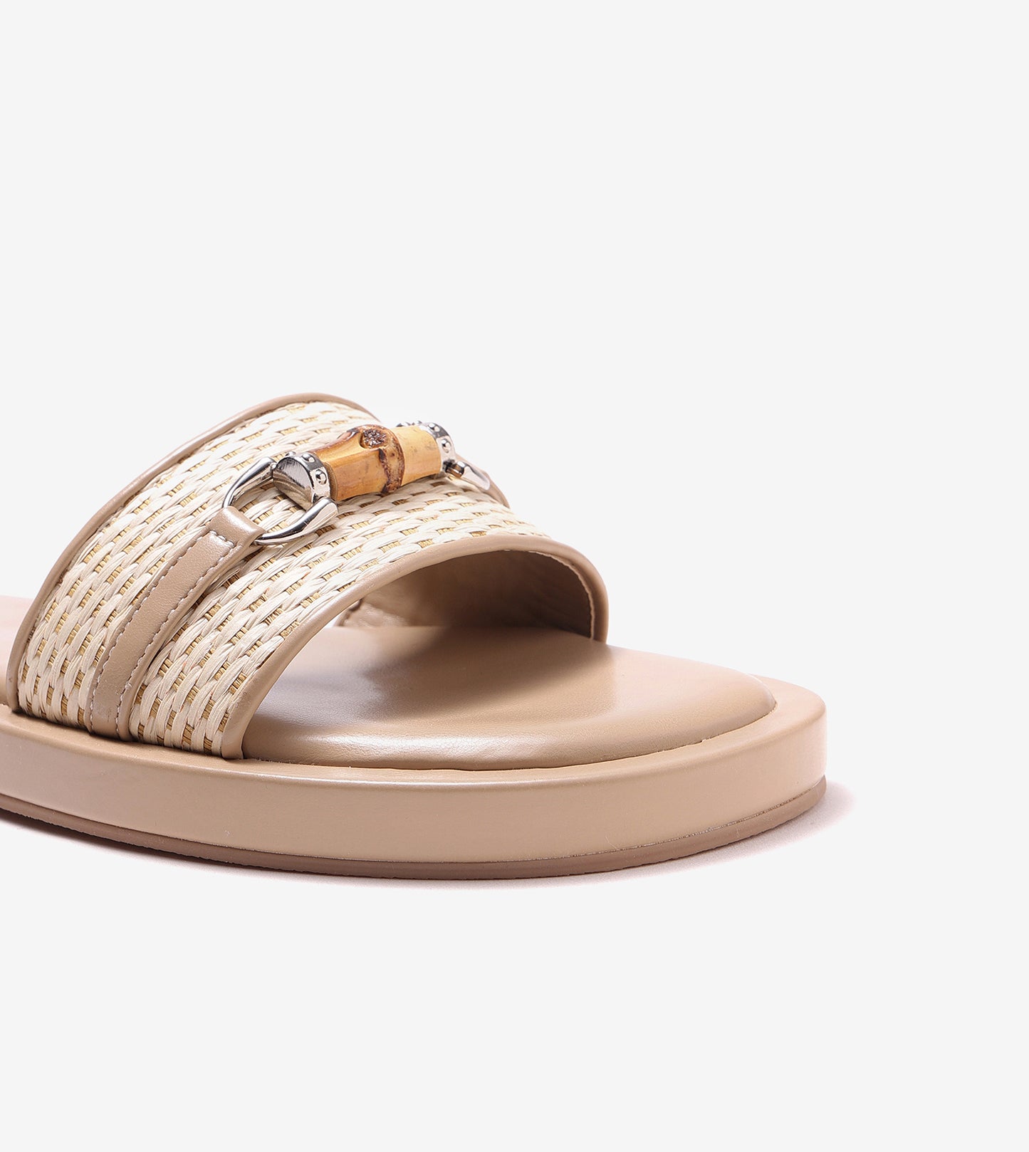 Raffia Slide Flat Sandals With Bamboo Adornment - Beige