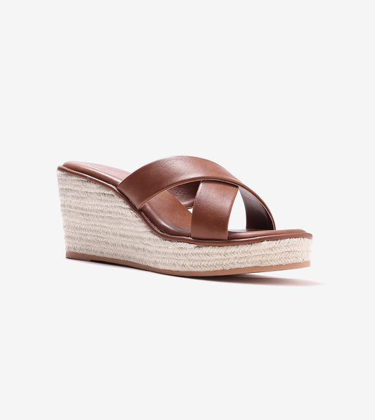 Cross Strap Espadrille Wedges - Brown