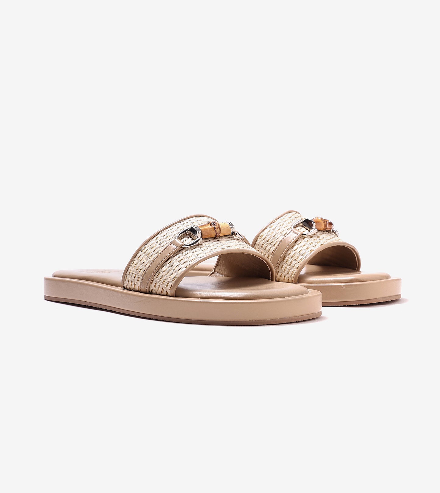 Raffia Slide Flat Sandals With Bamboo Adornment - Beige