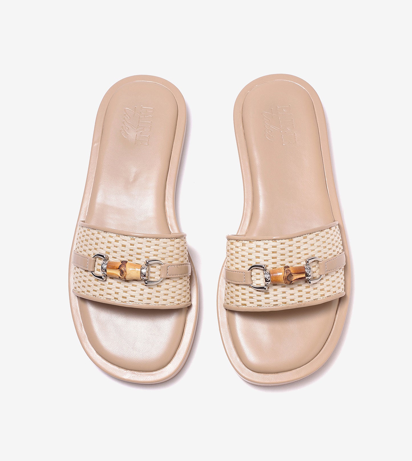 Raffia Slide Flat Sandals With Bamboo Adornment - Beige
