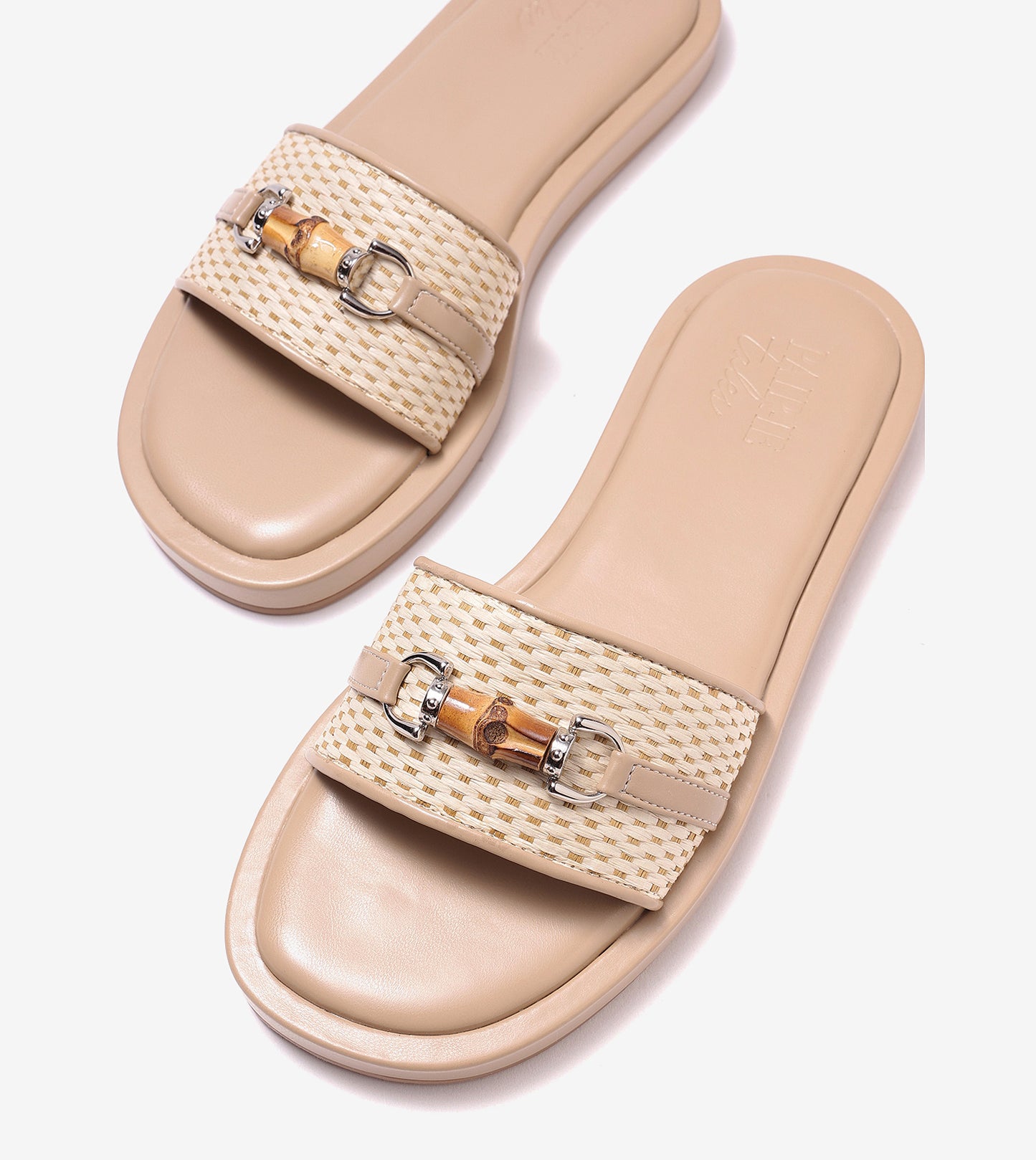Raffia Slide Flat Sandals With Bamboo Adornment - Beige
