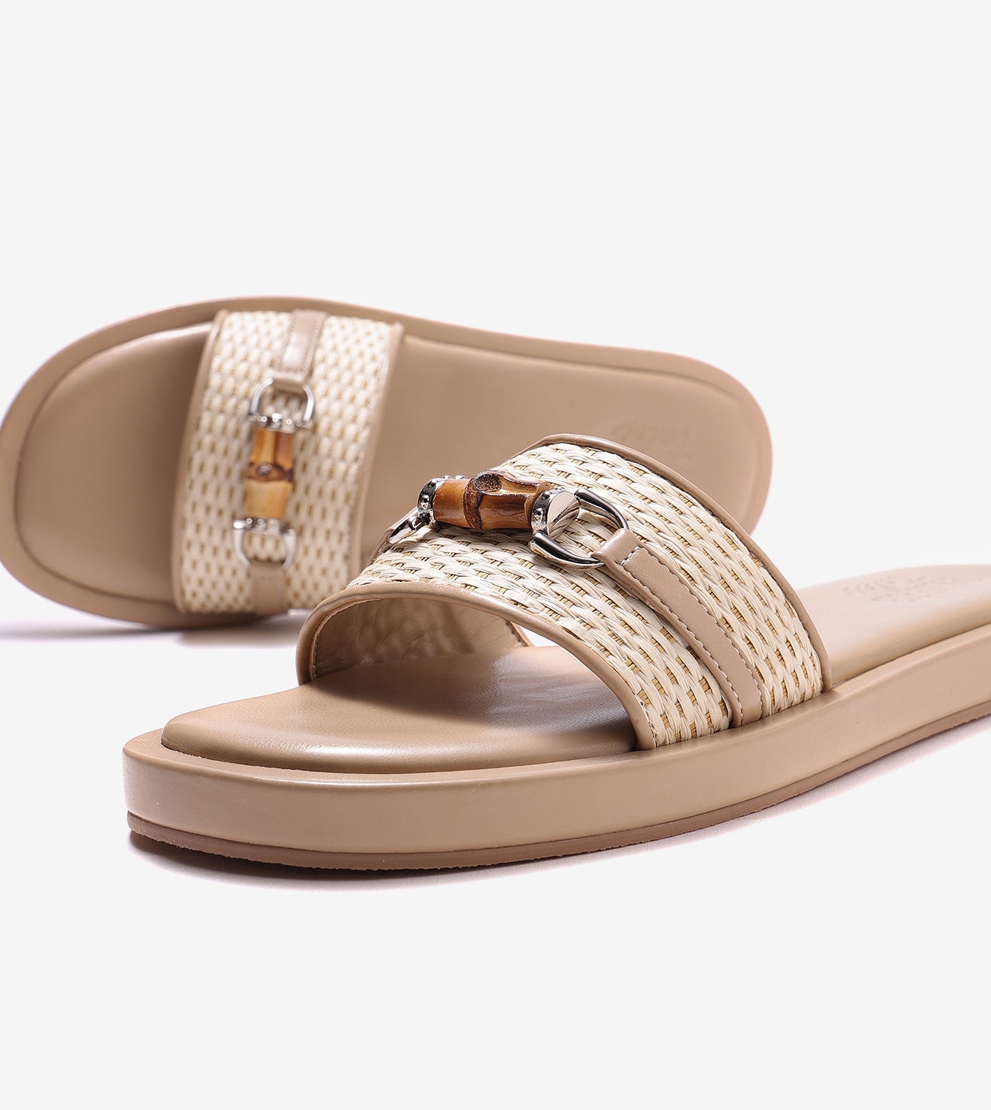 Raffia Slide Flat Sandals With Bamboo Adornment - Beige
