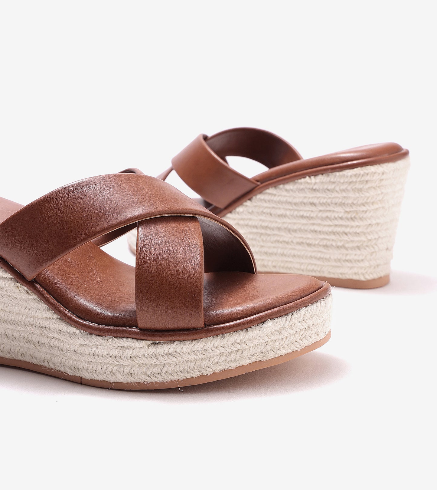 Cross Strap Espadrille Wedges - Brown