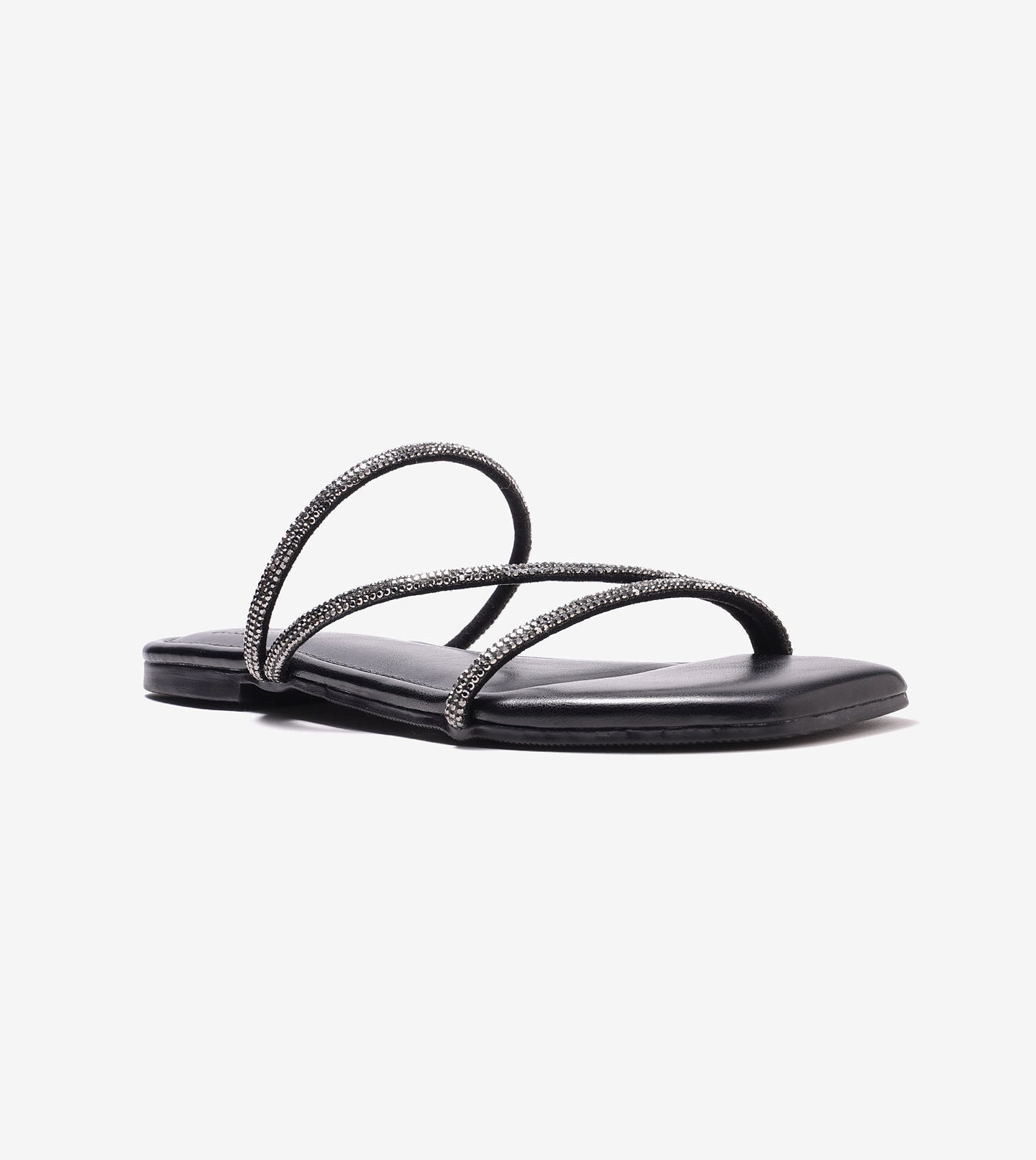 Satin Crystal - Embellished Strappy Sandals - Black