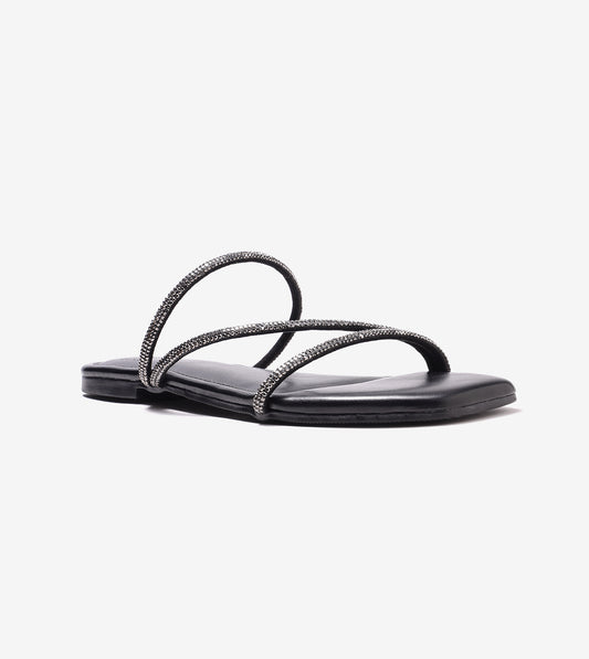Satin Crystal - Embellished Strappy Sandals - Black