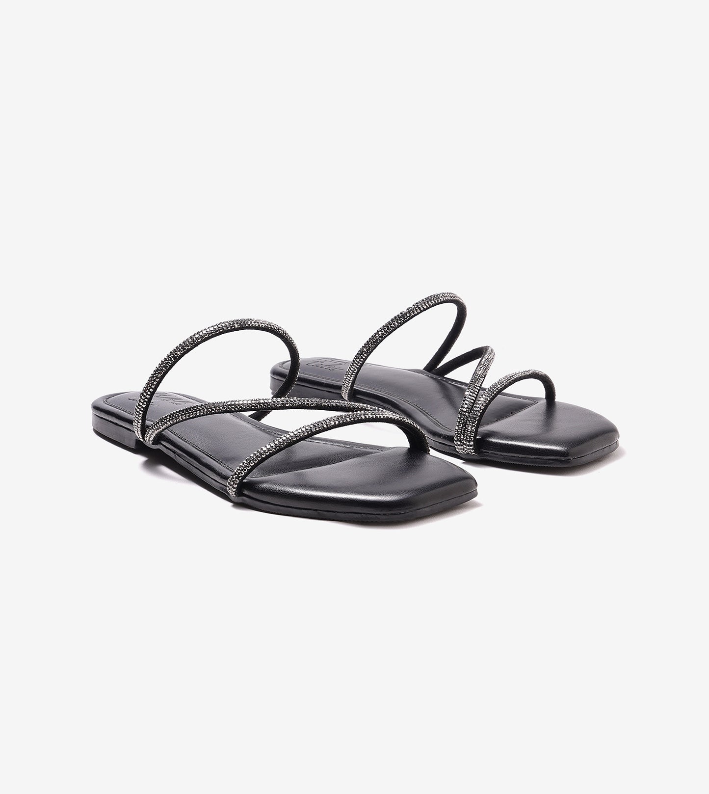 Satin Crystal - Embellished Strappy Sandals - Black