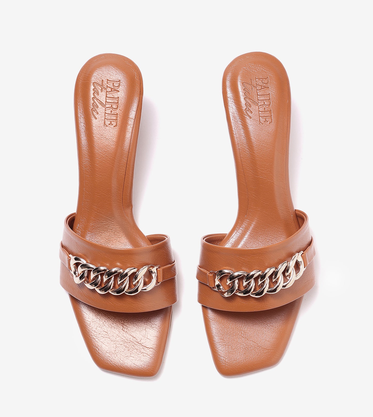 Chain Link Heeled Mules - Tan