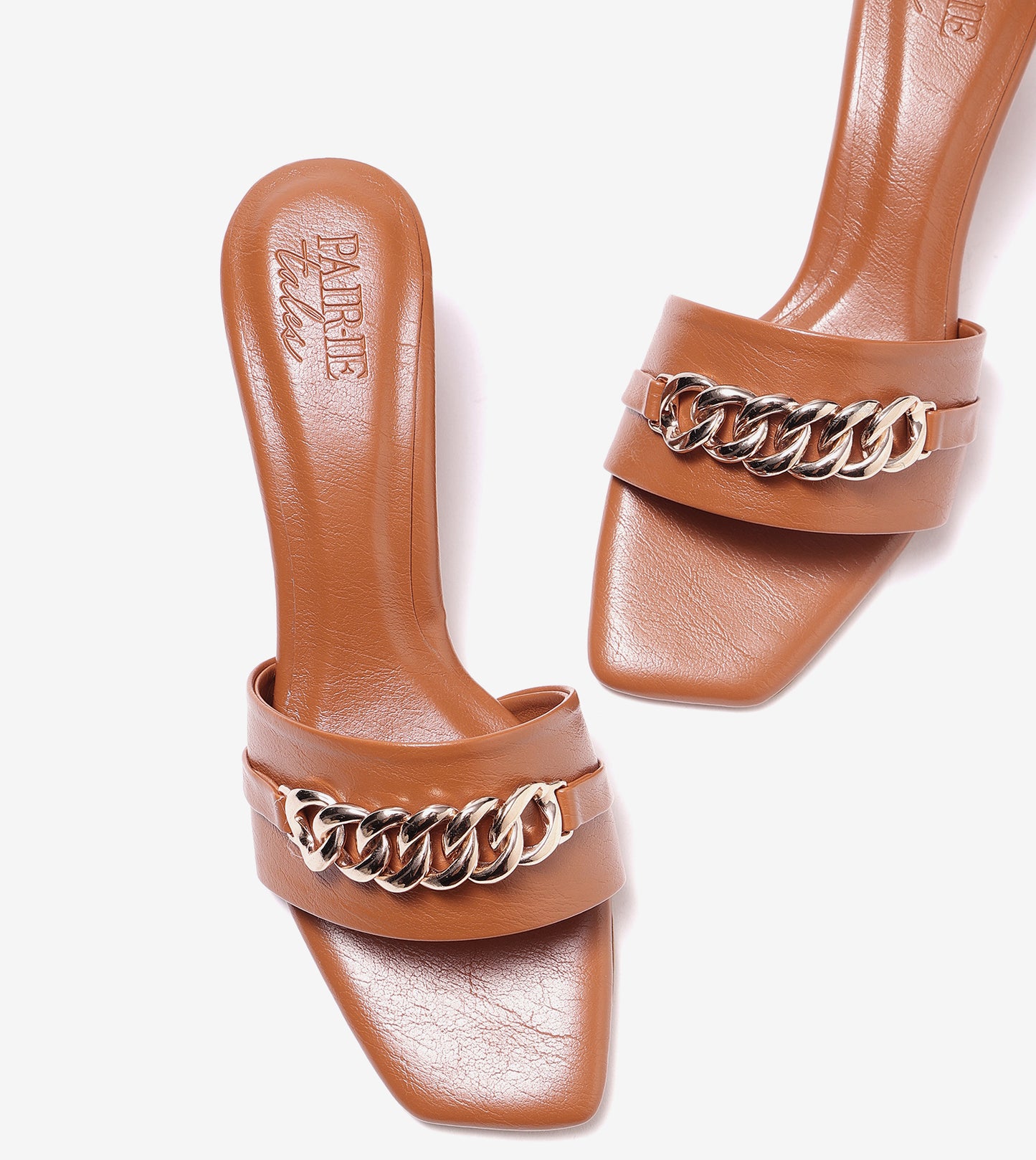 Chain Link Heeled Mules - Tan