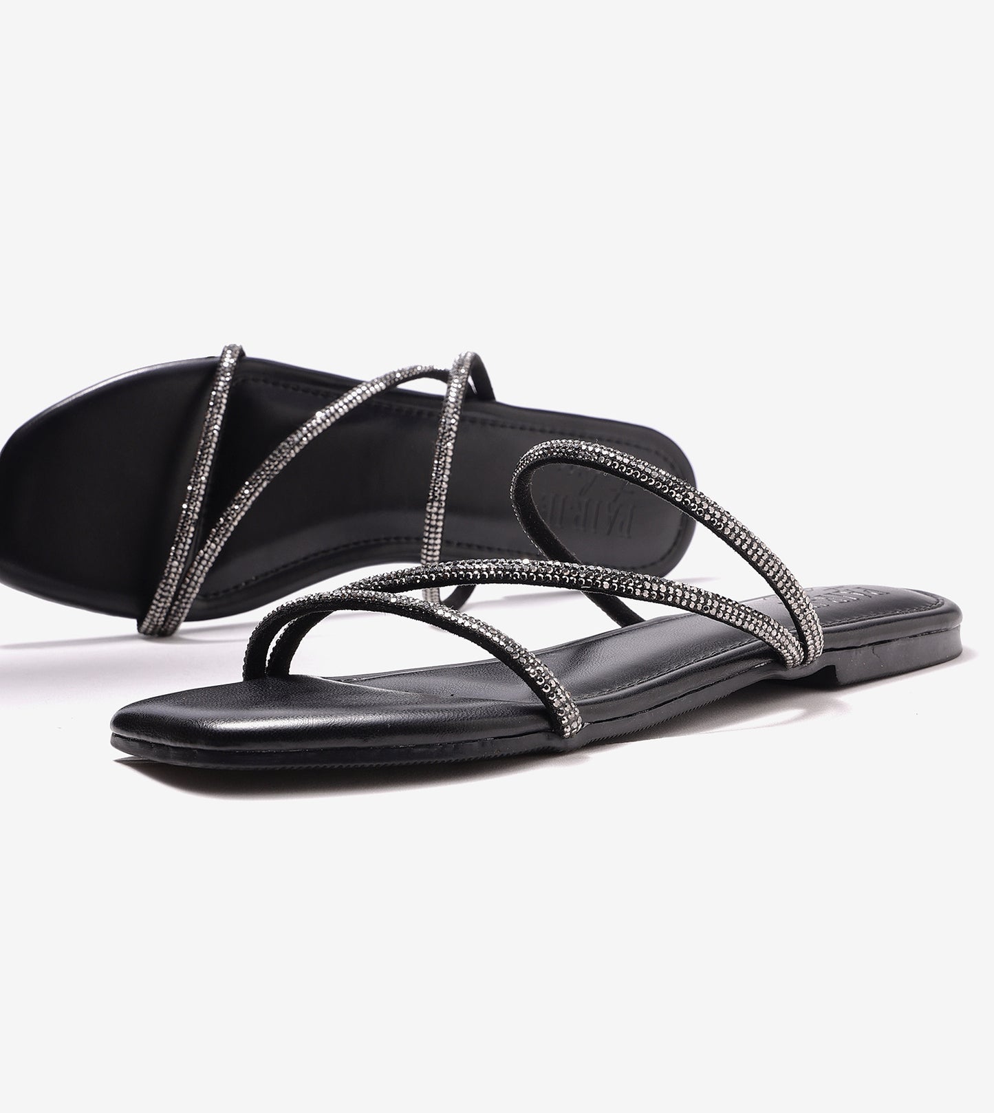 Satin Crystal - Embellished Strappy Sandals - Black