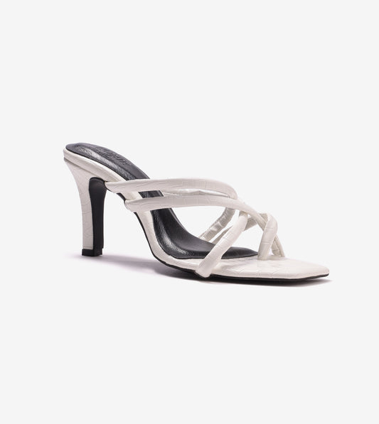 Asymmetric Strappy Tubular Heeled Sandals - White