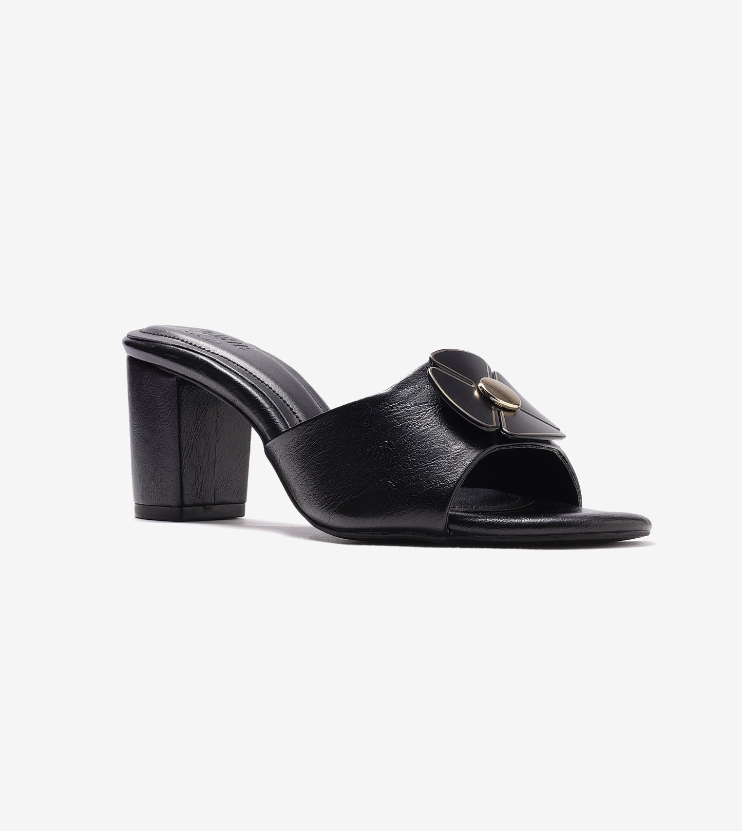 Floral Metallic Adornment Block Heeled Sandals - Black