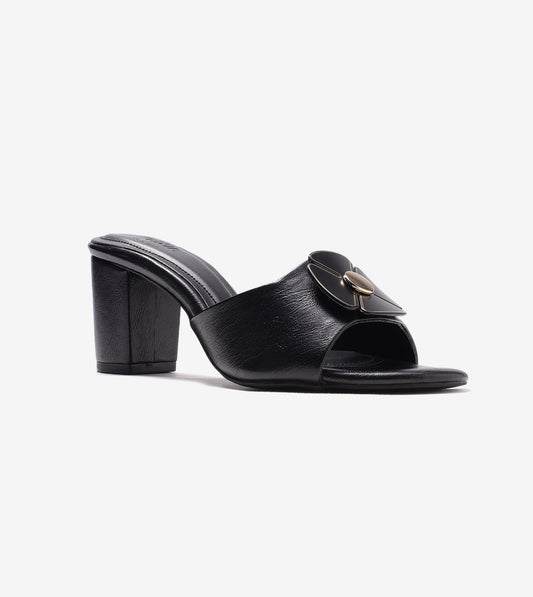 Floral Metallic Adornment Block Heeled Sandals - Black