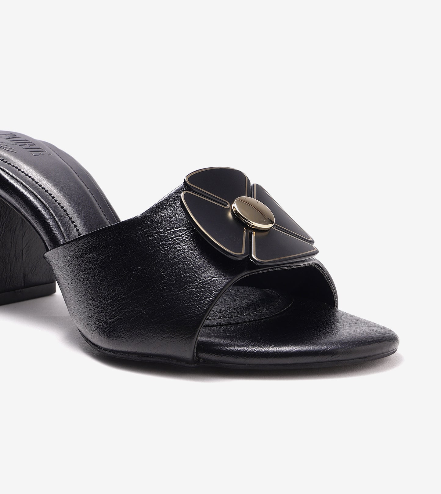 Floral Metallic Adornment Block Heeled Sandals - Black