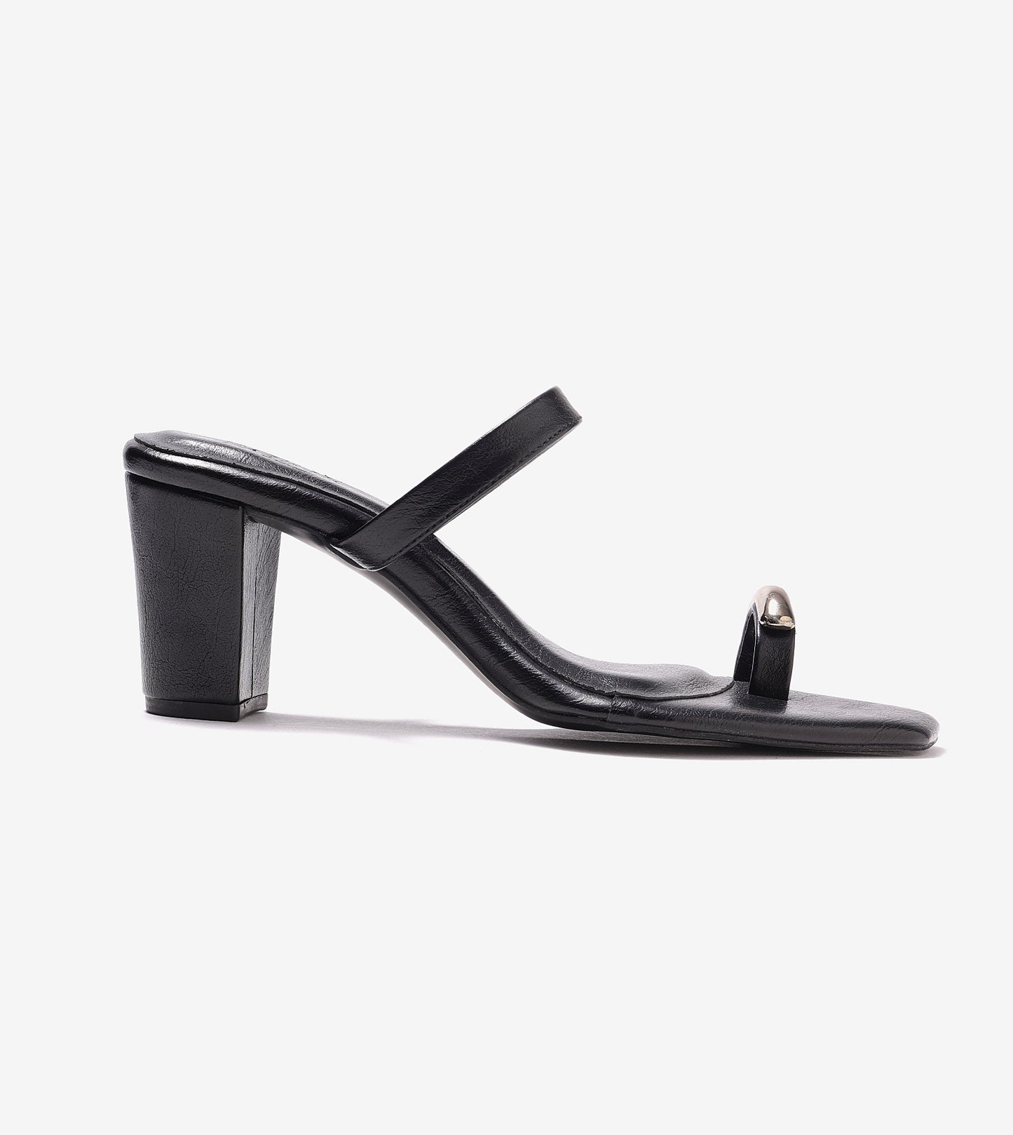 Metallic Accent Toe-Ring Heeled Mules - Black