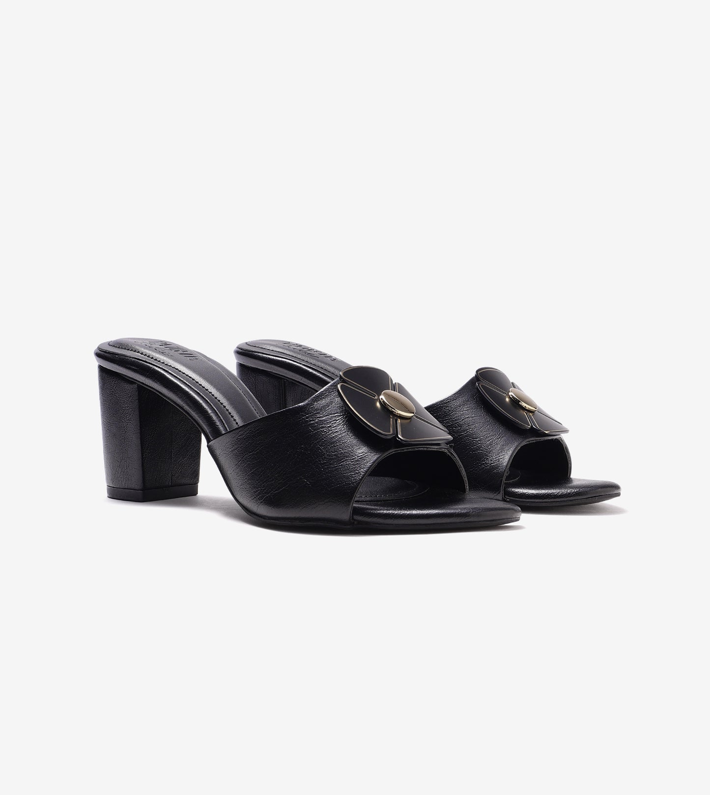 Floral Metallic Adornment Block Heeled Sandals - Black