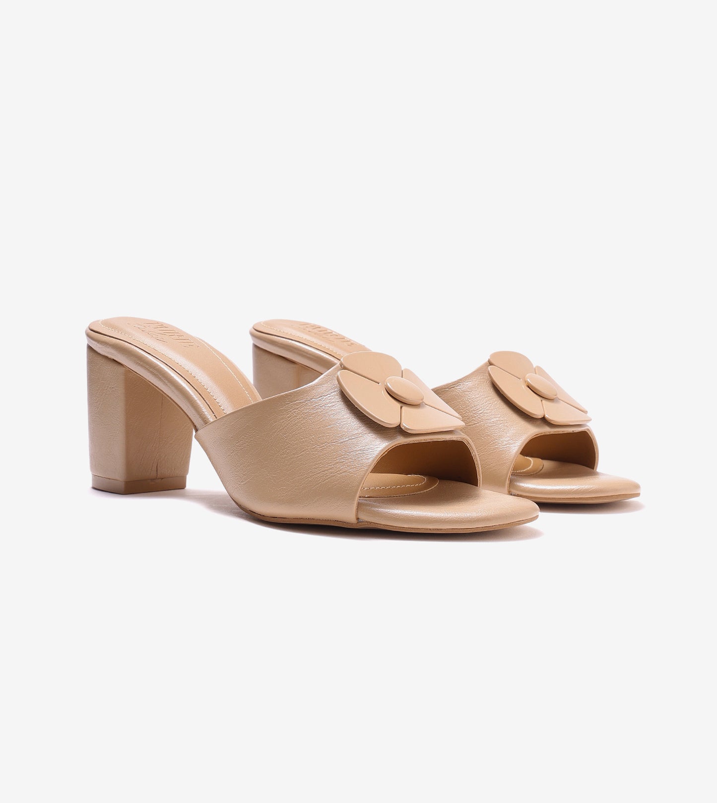 Floral Metallic Adornment Block Heeled Sandals - Beige