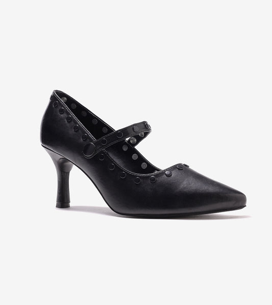 Pointed Toe Studded Mary Jane Pumps - Black