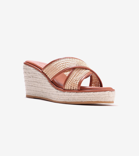 Woven Cross Strap Espadrille Wedges - Tan