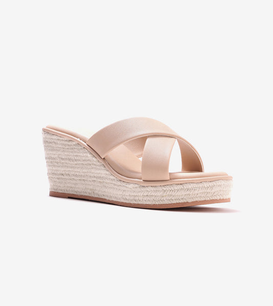 Cross Strap Espadrille Wedges - Cream