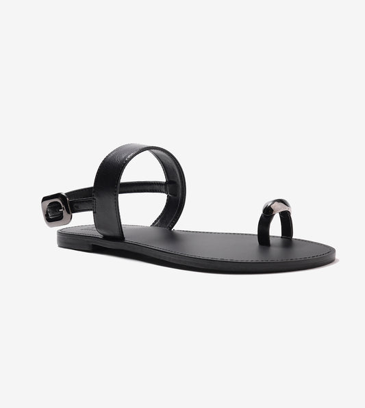 Metallic Accent Toe Ring Flat Sandals - Black