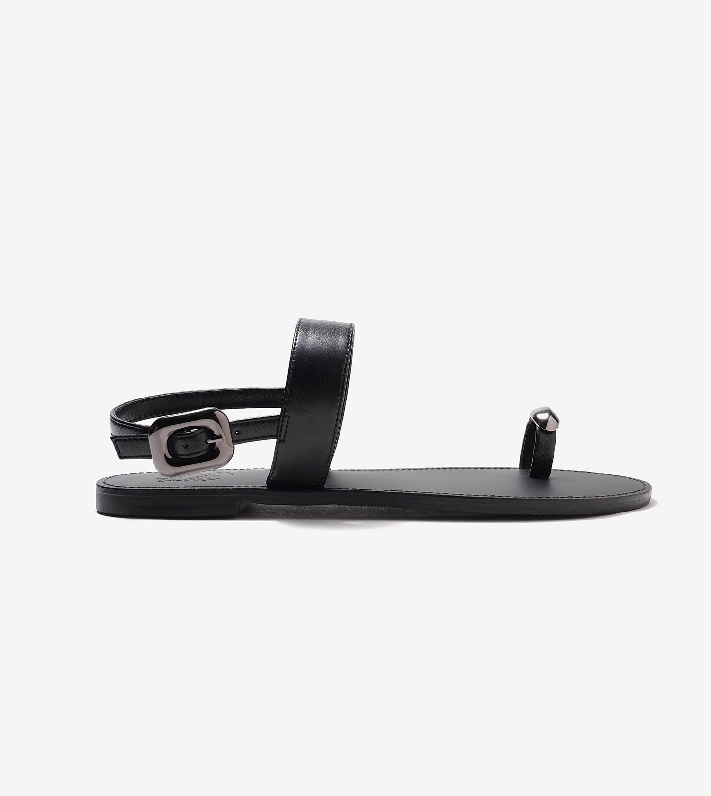 Metallic Accent Toe Ring Flat Sandals - Black