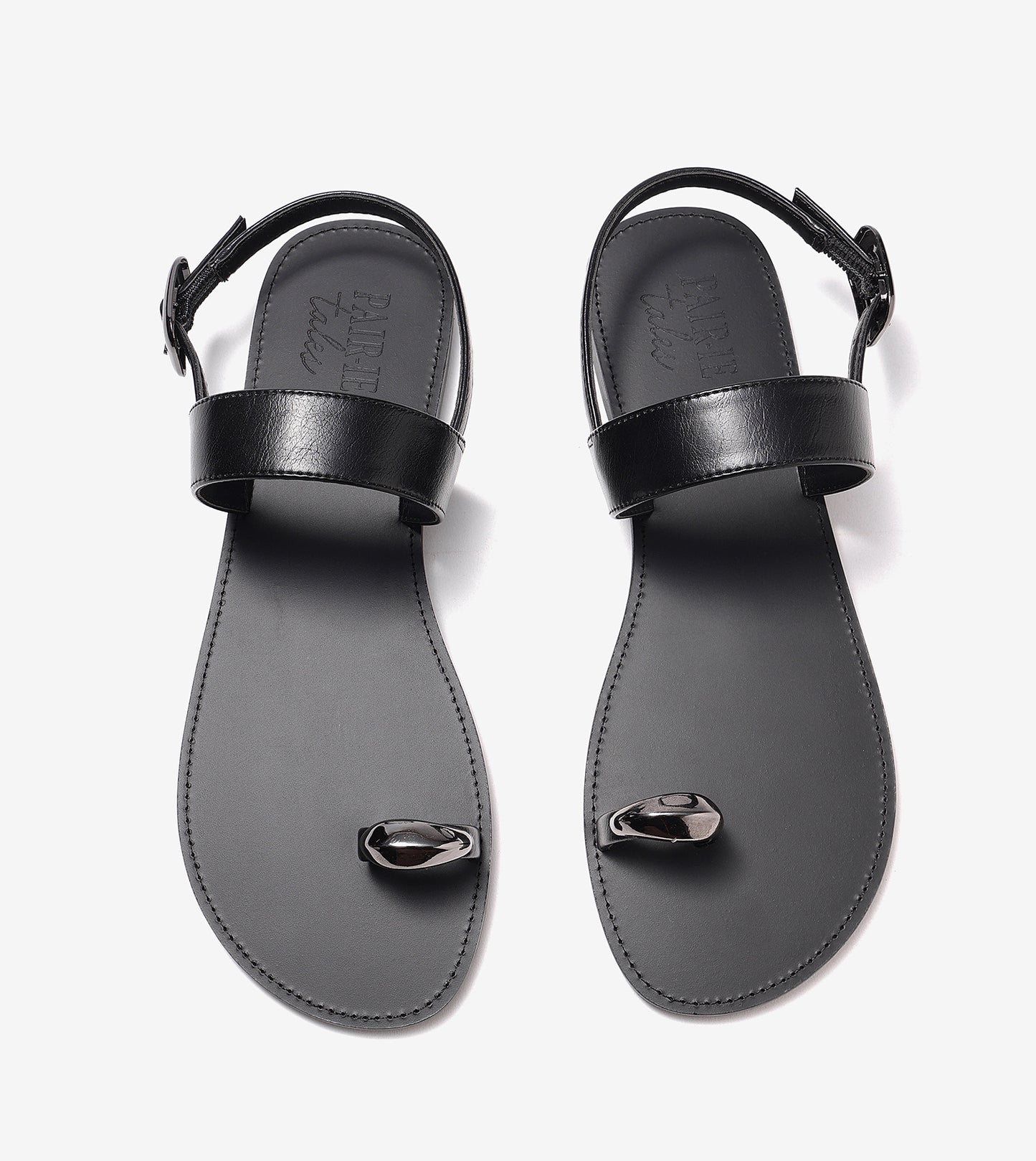 Metallic Accent Toe Ring Flat Sandals - Black
