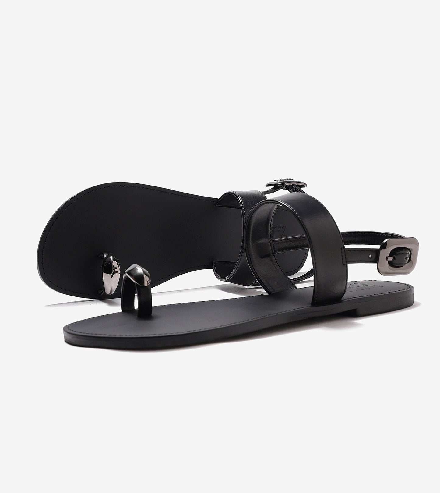 Metallic Accent Toe Ring Flat Sandals - Black