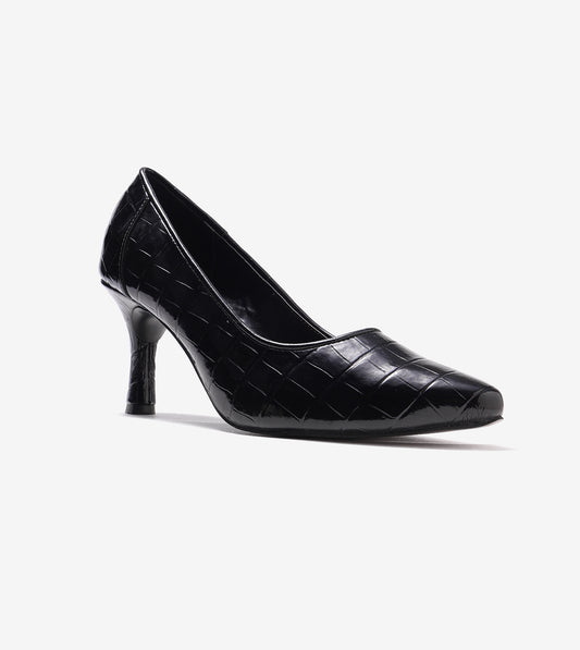 Patent Croc-Effect Pointed Toe Pumps - Black