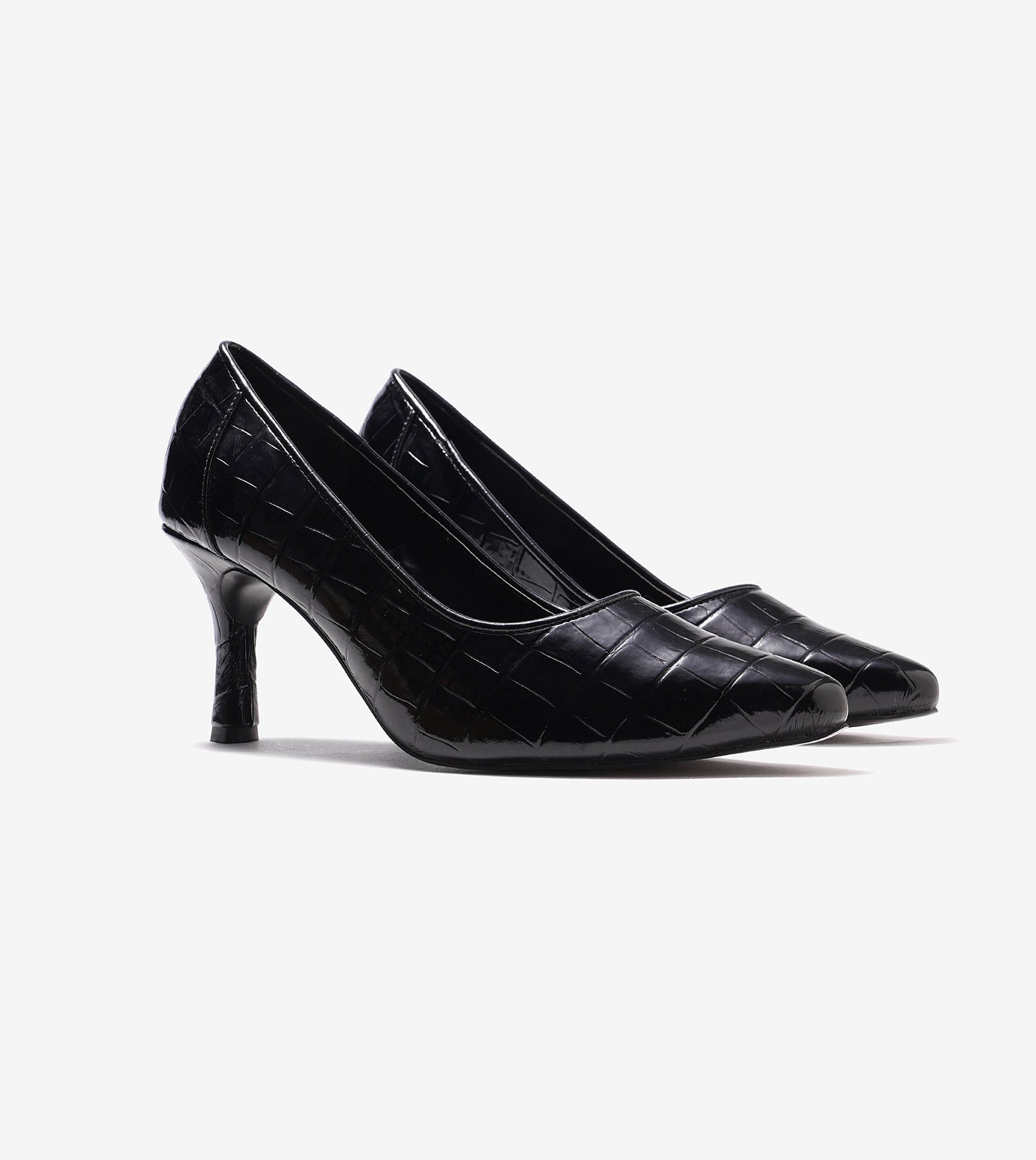 Patent Croc-Effect Pointed Toe Pumps - Black