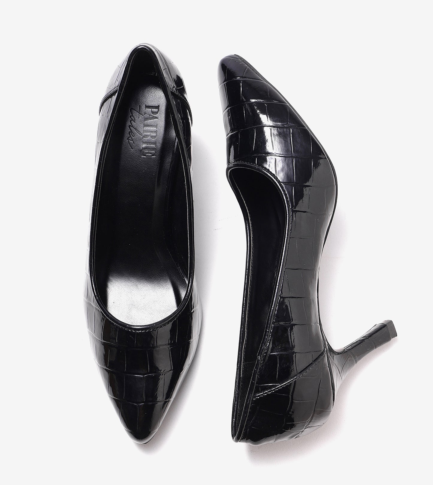 Patent Croc-Effect Pointed Toe Pumps - Black