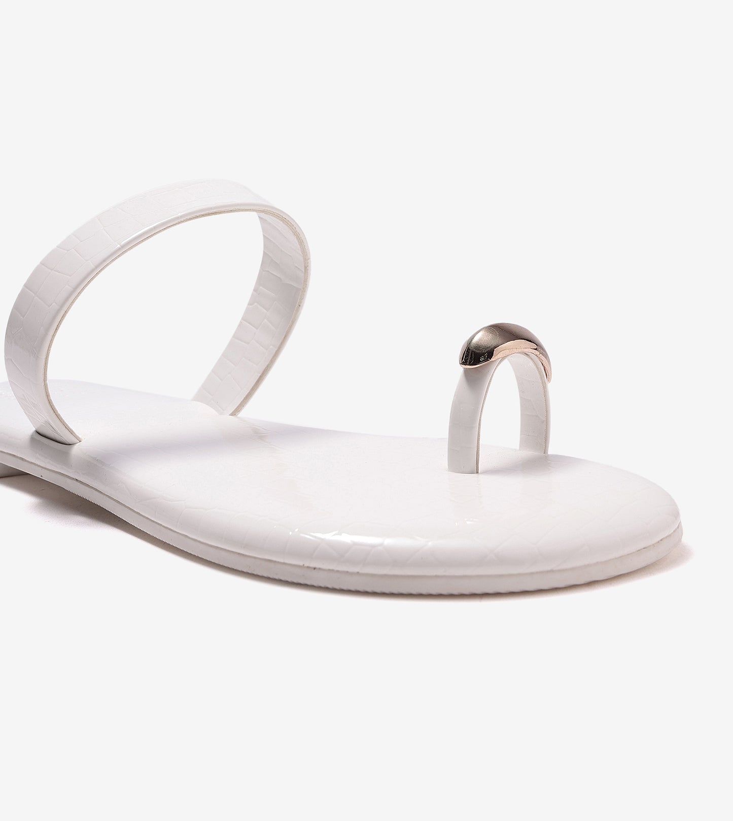 Patent Flat Sandals With Metallic Embellishment - White