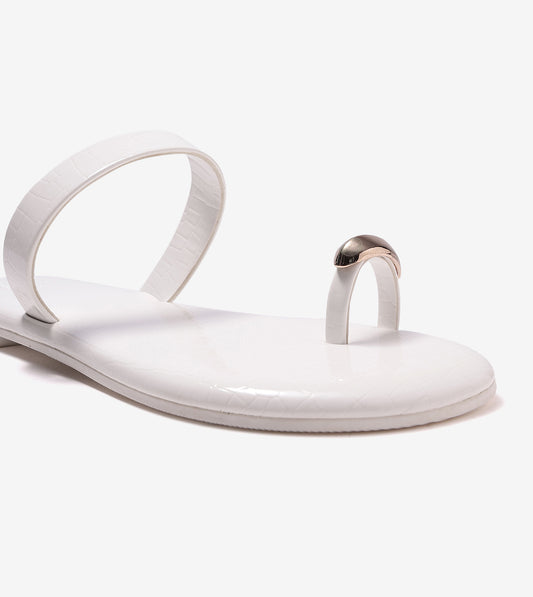 Patent Flat Sandals With Metallic Embellishment - White