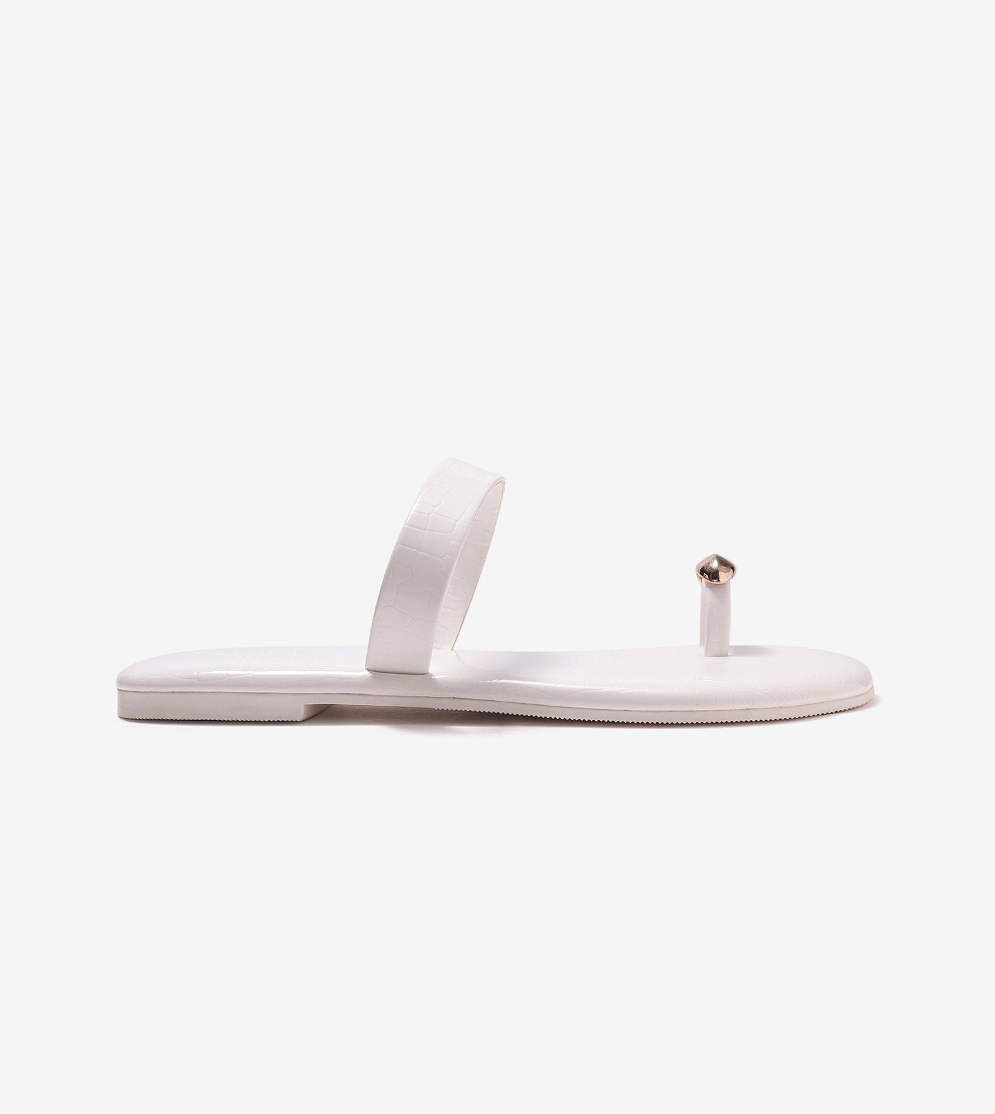 Patent Flat Sandals With Metallic Embellishment - White