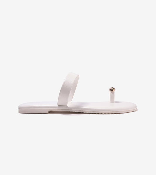 Patent Flat Sandals With Metallic Embellishment - White